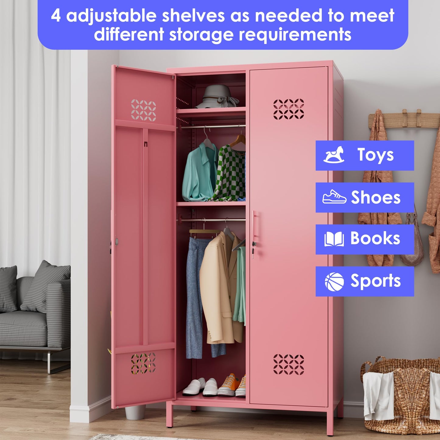 METAN 71inch Hx33.5inch Wx20inch D Metal Wardrobe Closet With Lock,Extra Deep 2 Doors Metal Wardrobe Cabinet For Home,Assembly Required,Pink