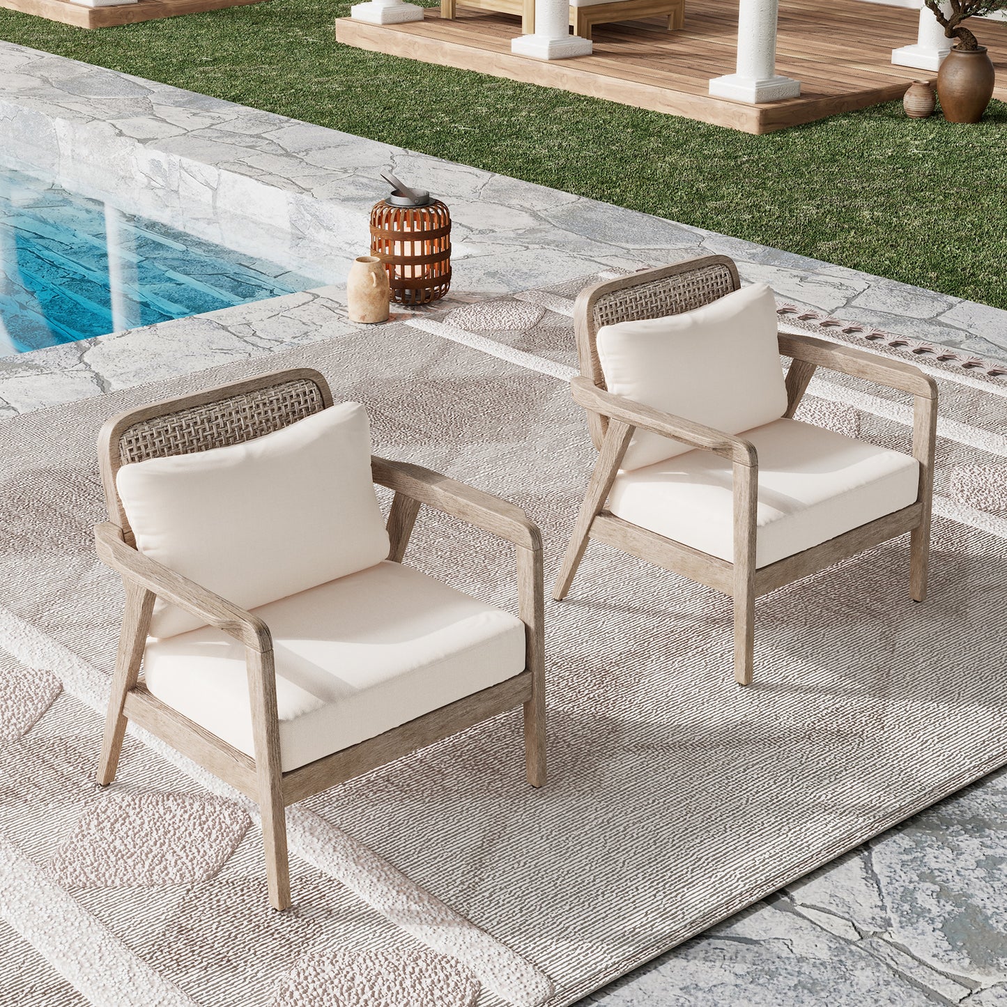 SET OF 2  Outdoor Acacia Wood Patio Club Chair, Patio Furniture,Waterproof Thick Cushion Deep Seating For Porch, Garden, Backyard, Balcony, Weight Capacity 400lbs, Light Brown Finish, Cream Cushion