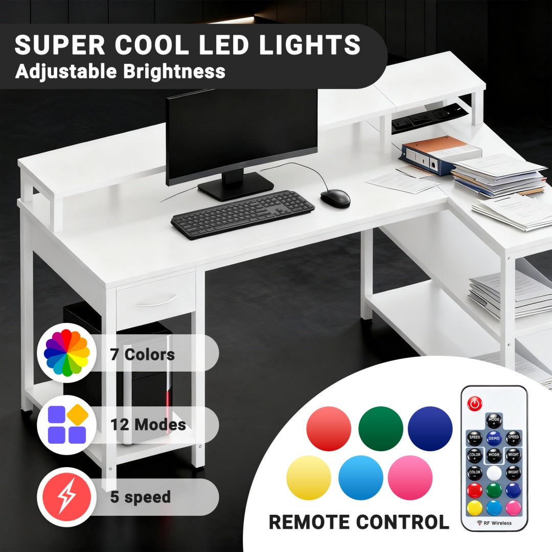 53-inch Gaming Table With USB Charging Port And LED Light, Reversible L-shaped Table With Power Socket And Monitor Stand