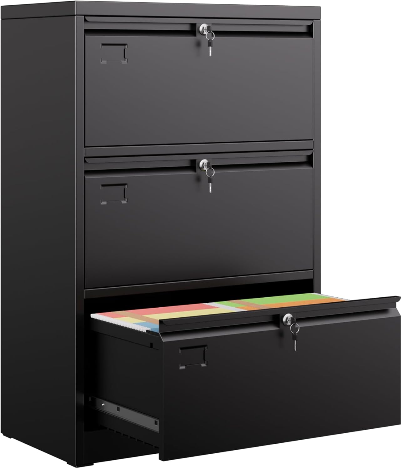 3 Drawer Lateral File Cabinet, Metal Wide Filing Cabinet With Independent Locks, Home Office Furniture For Hanging Files Letter Legal F4 A4 Size, Assembly Required, Black