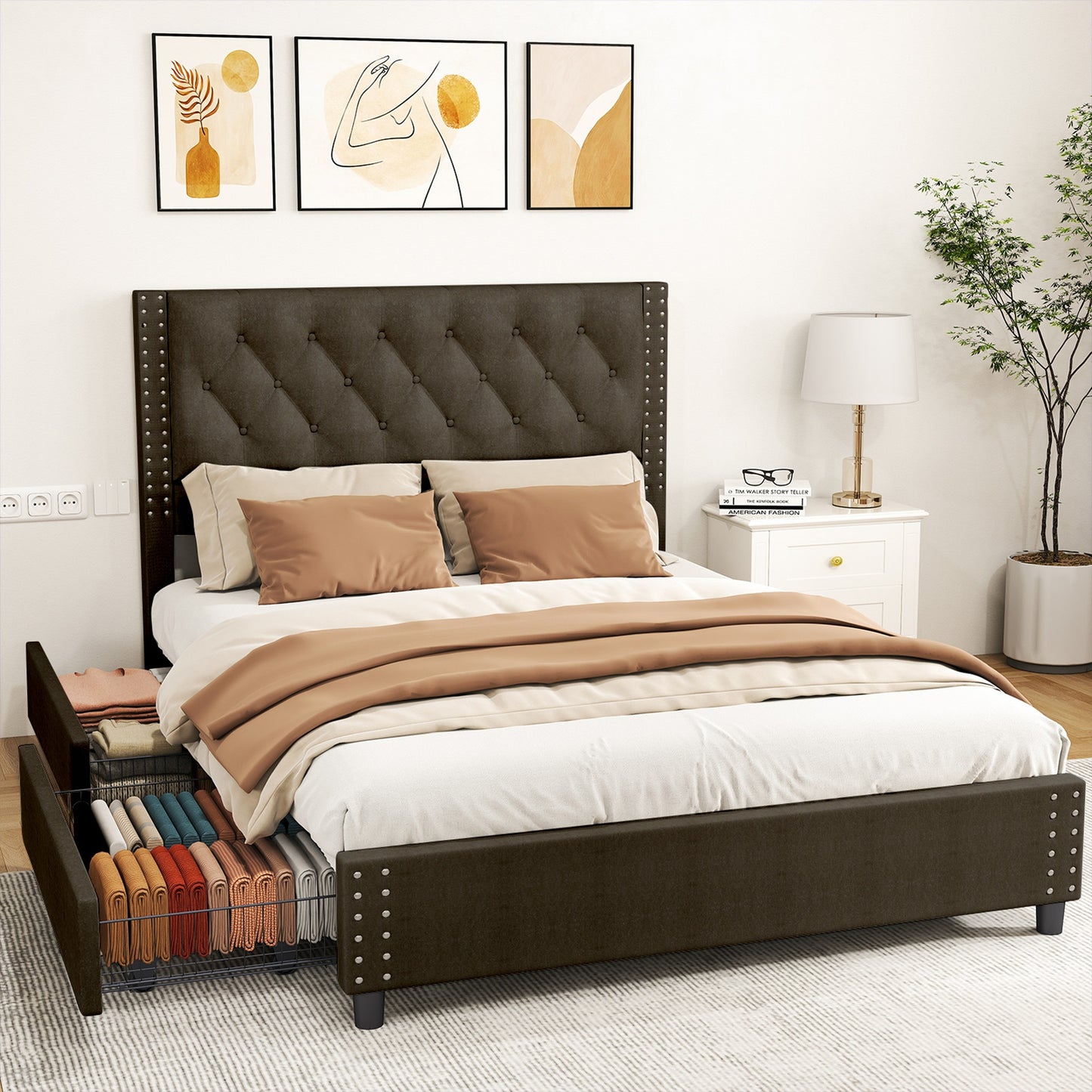 Queen Size Bed Frame With Upholstered Button Tufted Headboard Wood Slat Support Metal Platform Bed Frame With 4 Drawers No Box Spring Needed Easy Assembly For Home
