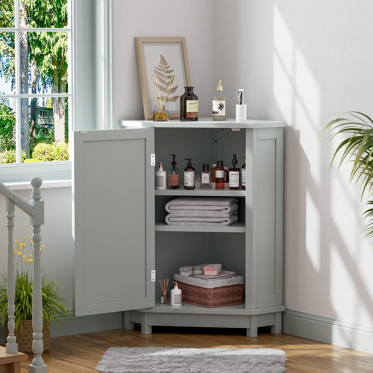 Grey Bathroom Cabinet Triangle Corner Storage Cabinet With Adjustable Shelf Modern Style MDF Board