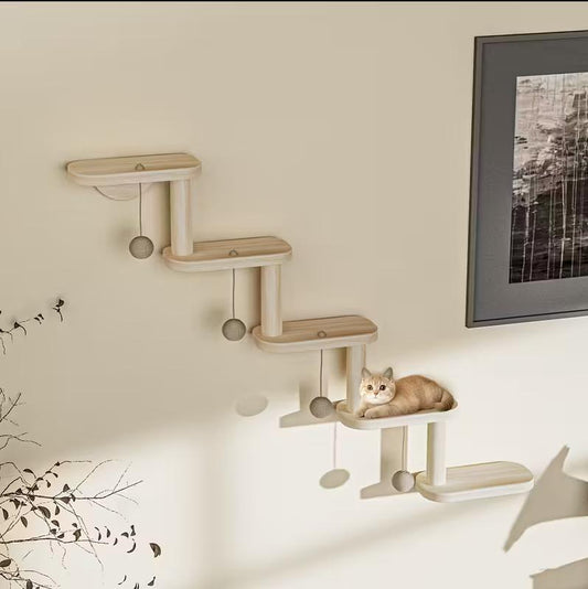 DIY Modular Cat Wall Climbing Frame, 4 Cat Balls, Multi-tiered Cat Tree, Wall-mounted Space-saving Indoor Cat Climbing Frame, Cat Play And Activity Center, Wooden Cat Furniture