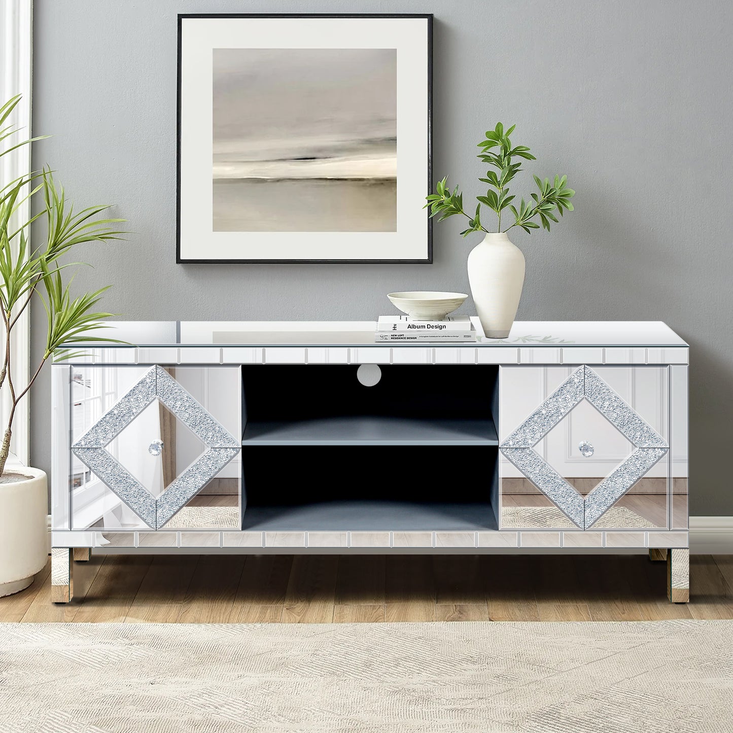 Mirrored TV Stand For 65 Inch TV,Sliver TV Console Table With Open Storage & 2 Storage Cabinets ,Diamond Shape Sparkling Mirror Doors For Living Room 59'W X 25.2H X 15.7D