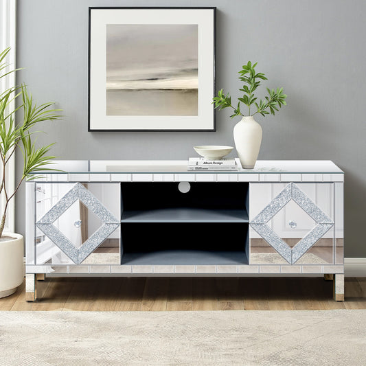 Mirrored TV Stand For 65 Inch TV,Sliver TV Console Table With Open Storage & 2 Storage Cabinets ,Diamond Shape Sparkling Mirror Doors For Living Room 59'W X 25.2H X 15.7D