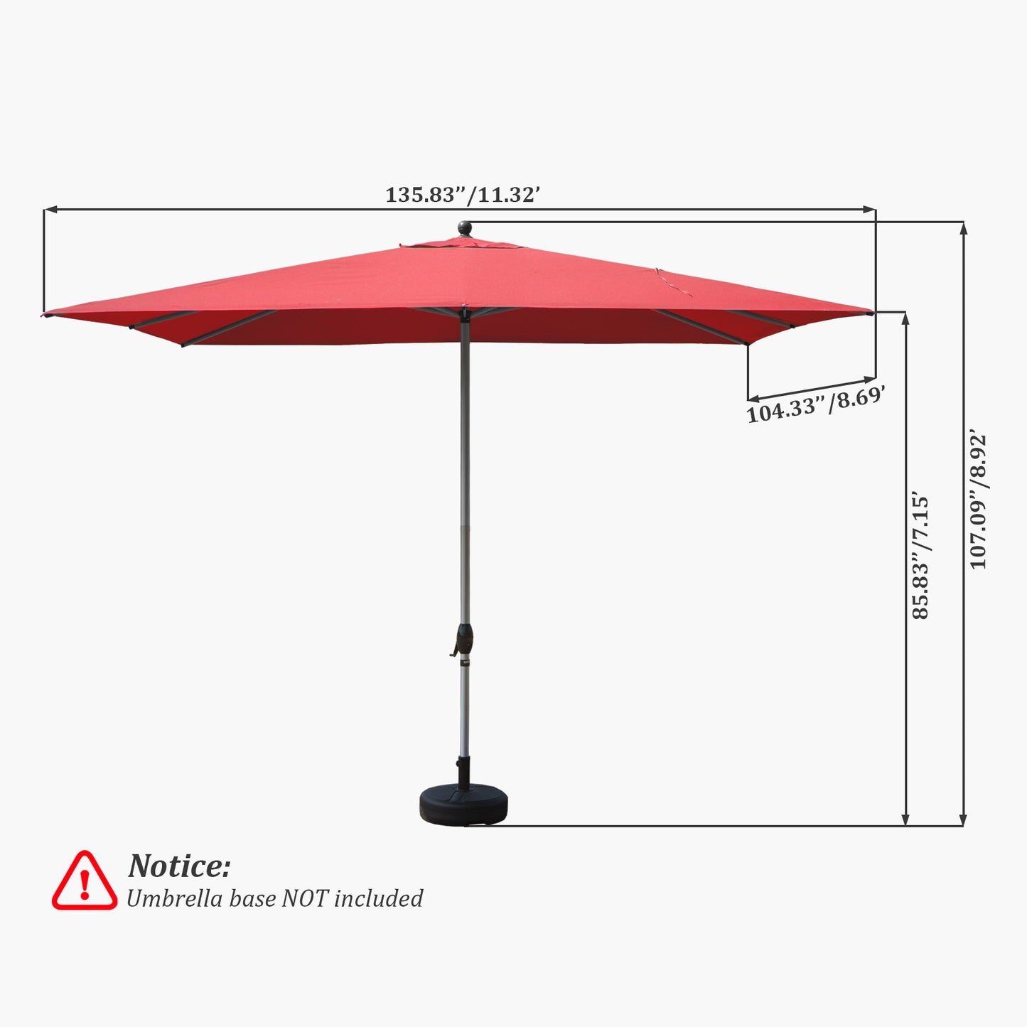 Rectangle Patio Umbrella With Crank Lift , Brick Red Base Not Included