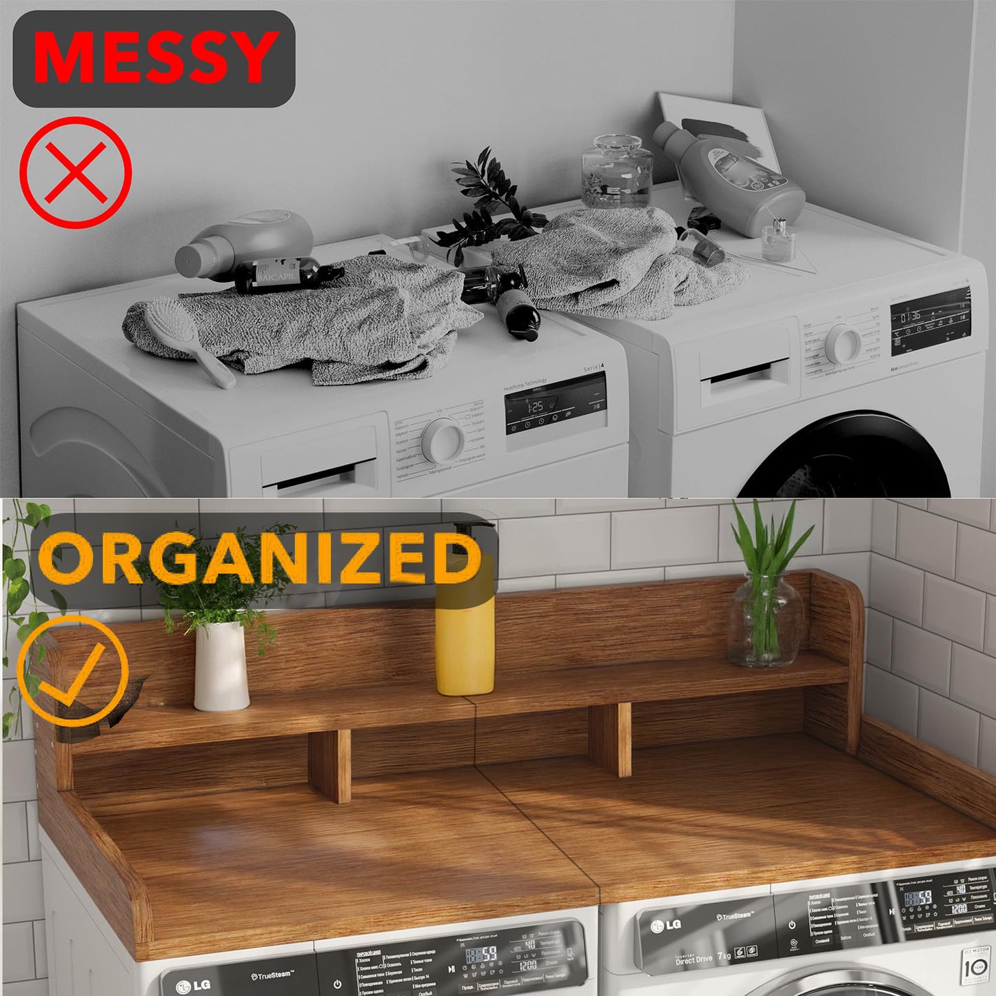 Washer Dryer Countertop With Non-slip Pads, Laundry Wood Shelf Topper With Edge, 54Width X 27.5 Depth Double Layer Organizer For Washer And Dryer Laundry Hamper Counter Storage Organization WALNUT