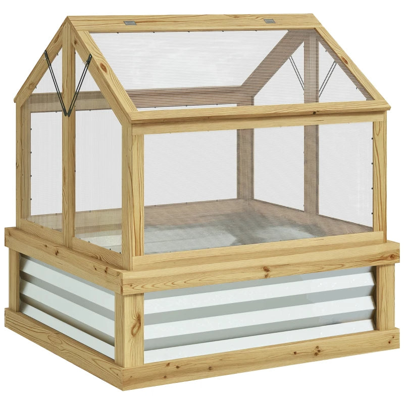 Raised Garden Flower Bed Kit With Greenhouse, Wooden Cold Frame Planter