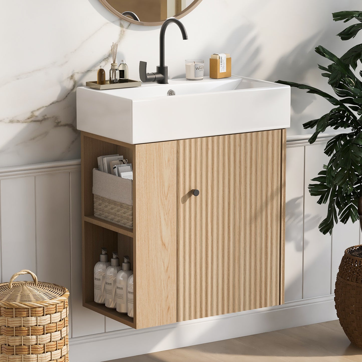 21.6 Inch Modern Floating Bathroom Vanity With Ceramic Basin - Perfect For Small Bathrooms, Left Side Storage