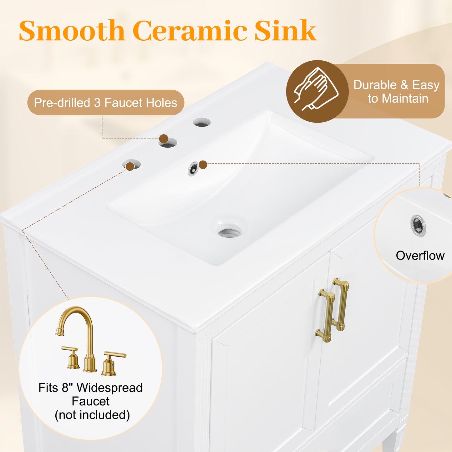 Video  30  Elegant Fluted Bathroom Vanity With Ceramic Sink, Single Box Shipping, Solid Wood Legs, Soft-Close Doors & Drawer, Door Shelf, White