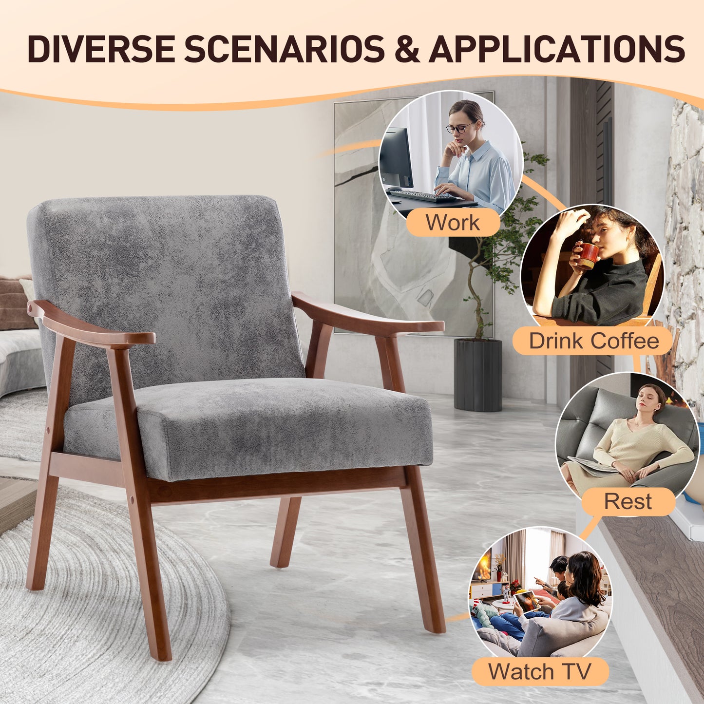 Mid-Century Modern Chair, Living Room Chair With Solid Wood Frame, Accent Chair Extra-Thick Backrest, Wingback Chair For Bedroom, Reading Room, Living Room, Lounge Chair Indoor