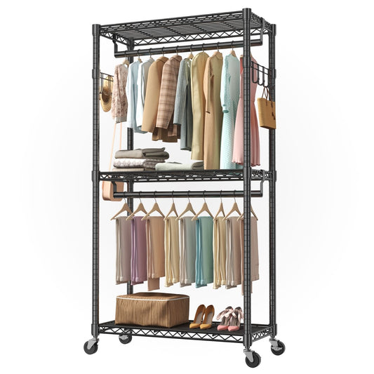 Adjustable Clothes Hanger, A Metal Movable Wall-mounted Hanger With Wheels, Used For Hanging Clothes, Equipped With 2 Side Hooks And 2 Rods