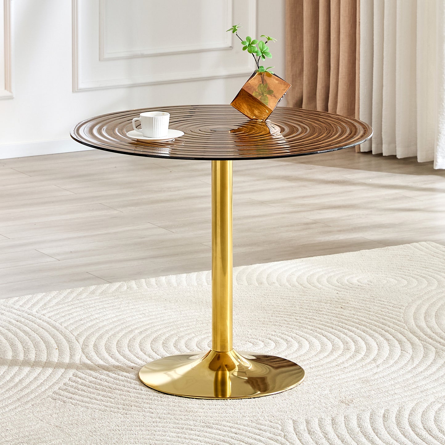 35 Inch Diameter, Light Luxury Brown Ring Glass Round Table. Golden Metal Pillar. Negotiation Table, Household Coffee Table, Dining Table. Suitable For Small Dining Spaces Of 2-4 People.