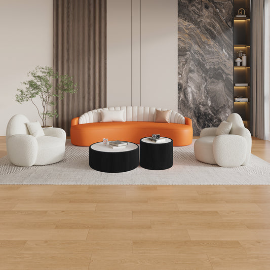 Light Sintered Stone Top Cylinder Shape Leather Coffee Modern Sofa Table For Living Room Furniture Each Tabletop Has A Unique Gold Pattern