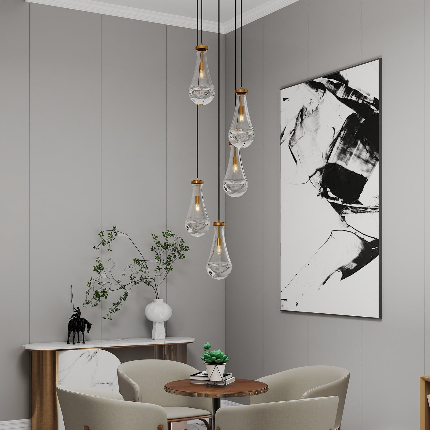5 Light Cluster Pendant Light, Brass High Ceiling Chandeliers Adjustable, Living Room Pendant Light, Foyer Chandeliers, Stairwell Pendant Lights,E12 Not Including Bulb