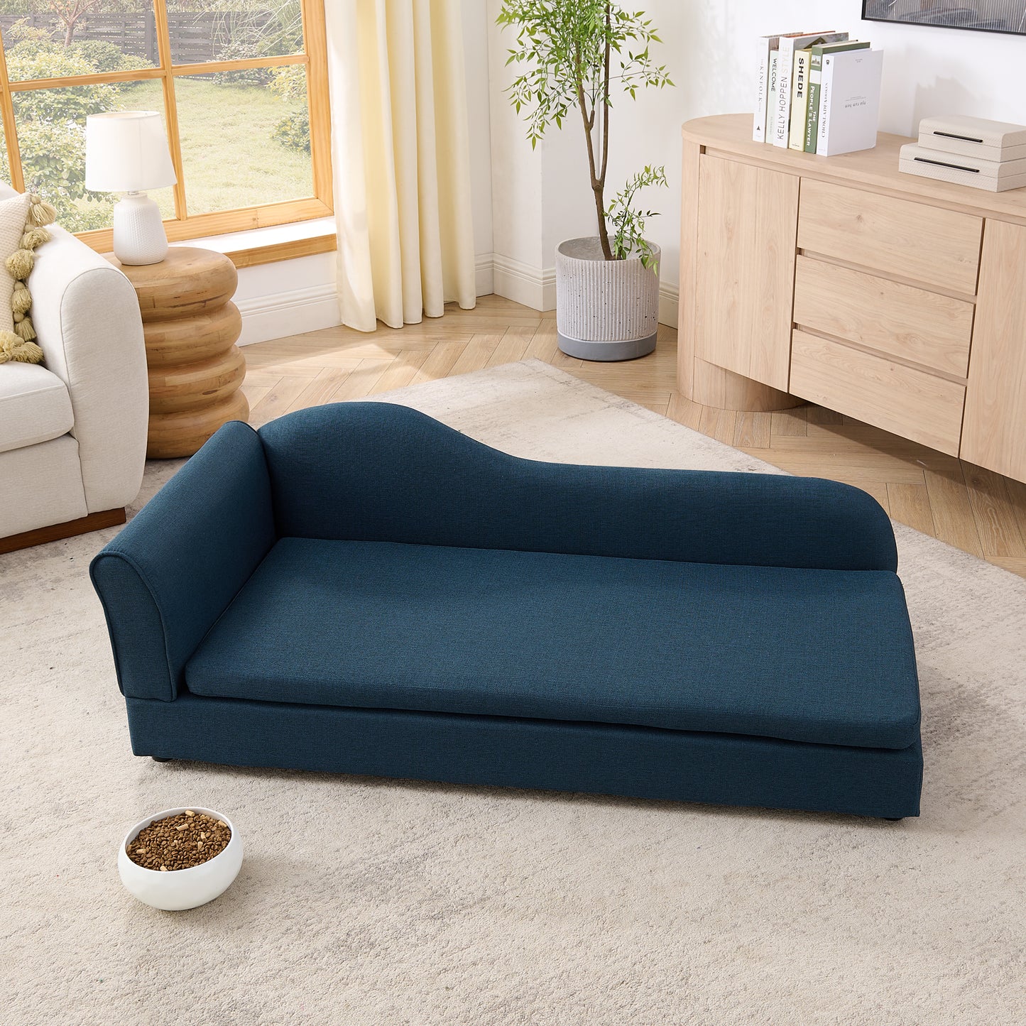Oversized Pet Sofa For Medium Large Dogs - Modern Irregular Wave Backrest, Single Armrest, Premium Breathable Linen Fabric, Soft Cushion & Low Plastic Feet-Dark Blue