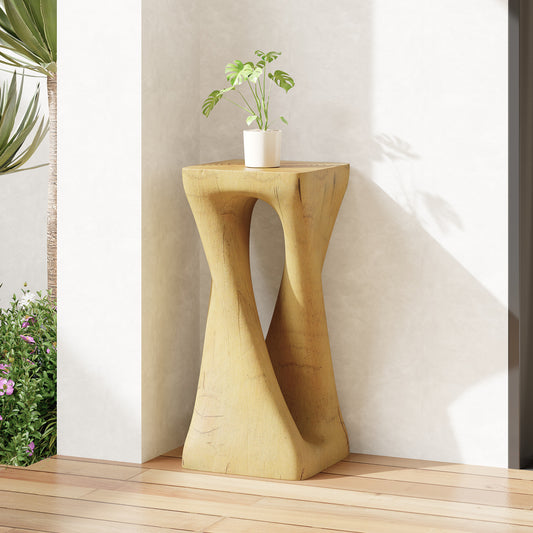 Outdoor Side Table,Twist Shape End Table,Decorative Accent Table,Garden Stool Table For Patio Balcony Beach Pool Side,Lightweight Concrete,Wood Like Texture,Natural Color