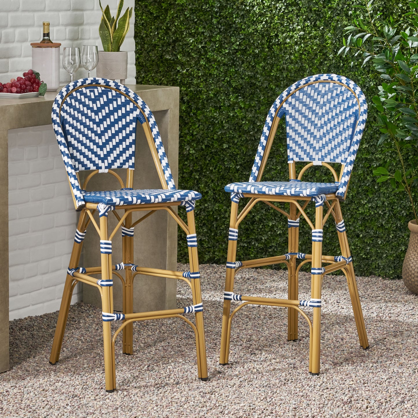 29.5 Outdoor PE Rattan French Barstool, Navy Blue And White, Aluminum Frame With Bamboo Finish  Set Of 2