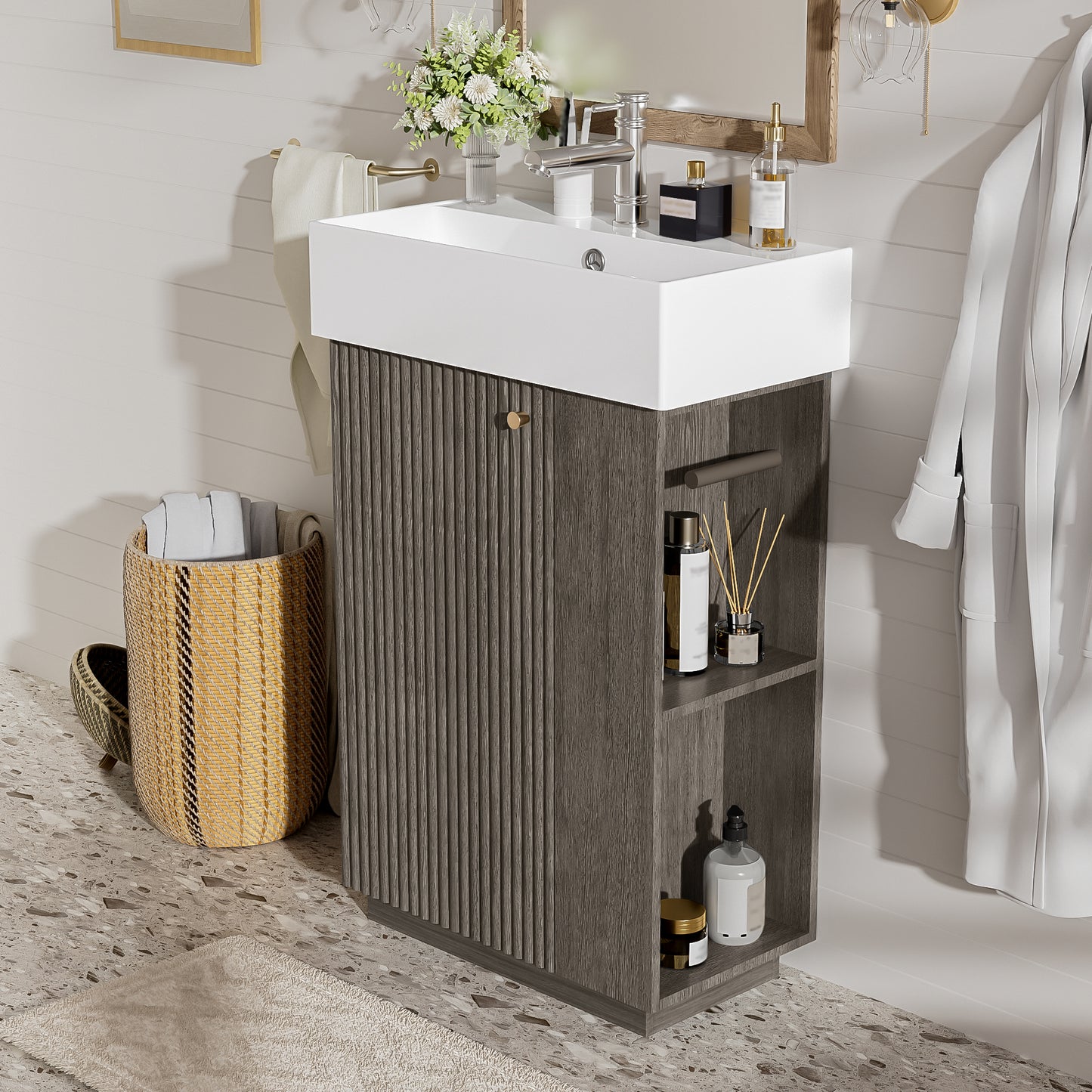 21.6  Bathroom Vanity With Ceramic Sink, Freestanding Modern Left Door Wood Grain Cabinet With Open And Closed Storage