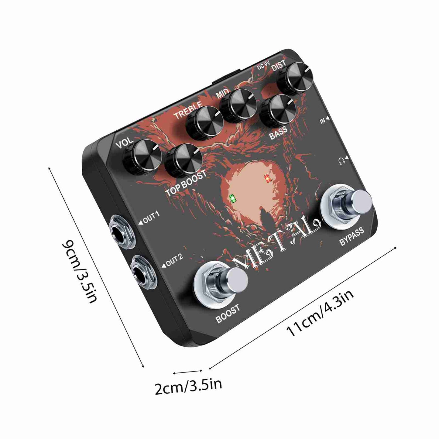 Metal Guitar Effect Pedal Traditional Metal Sound 80s/90s Headphone Output TREBLE/MID/BASS/BOOST/VOL/DIST For Electric Guitar Effect Pedal True Bypass DC 9V Full Metal Case