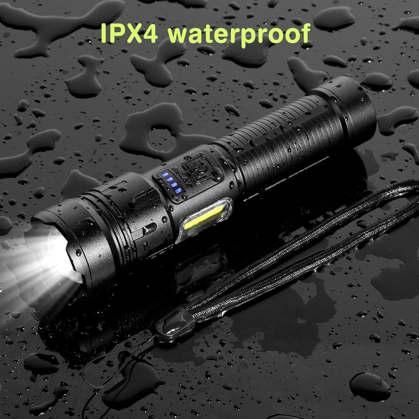 LED Rechargeable Torch 10,000 Lumens, Very Bright Flashlight, Flashlight, USB, 4 Light Modes, Zoomable, IPX4 Waterproof For Camping