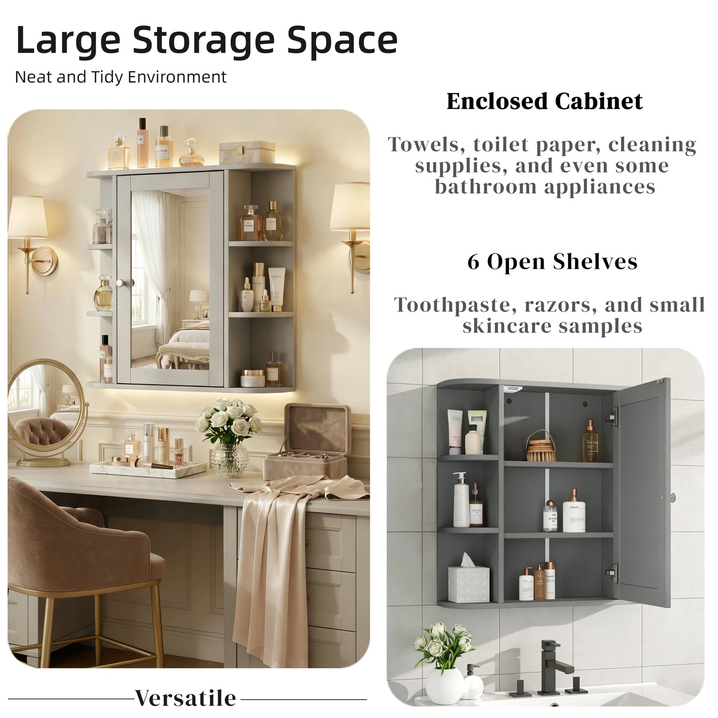 Bathroom Wall Storage Cabinet With Mirror, Medicine Cabinet With Adjustable Wood Shelf & Doors, Mounted Storage Cabinets With 6 Open Shelves, Gray