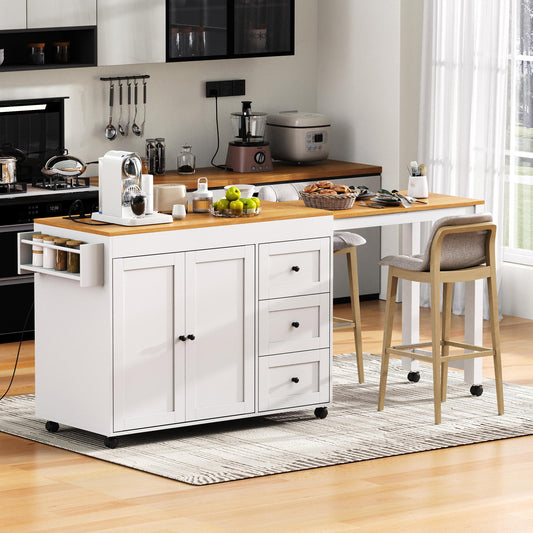 K&K 74.8   Kitchen Island With Extendable Dining Table, Kitchen Storage Cart With 3 Drawers, Power Outlet, Rolling Kitchen Island On Wheels With Spice Rack And 2 Door Cabinet, For Kitchen, White