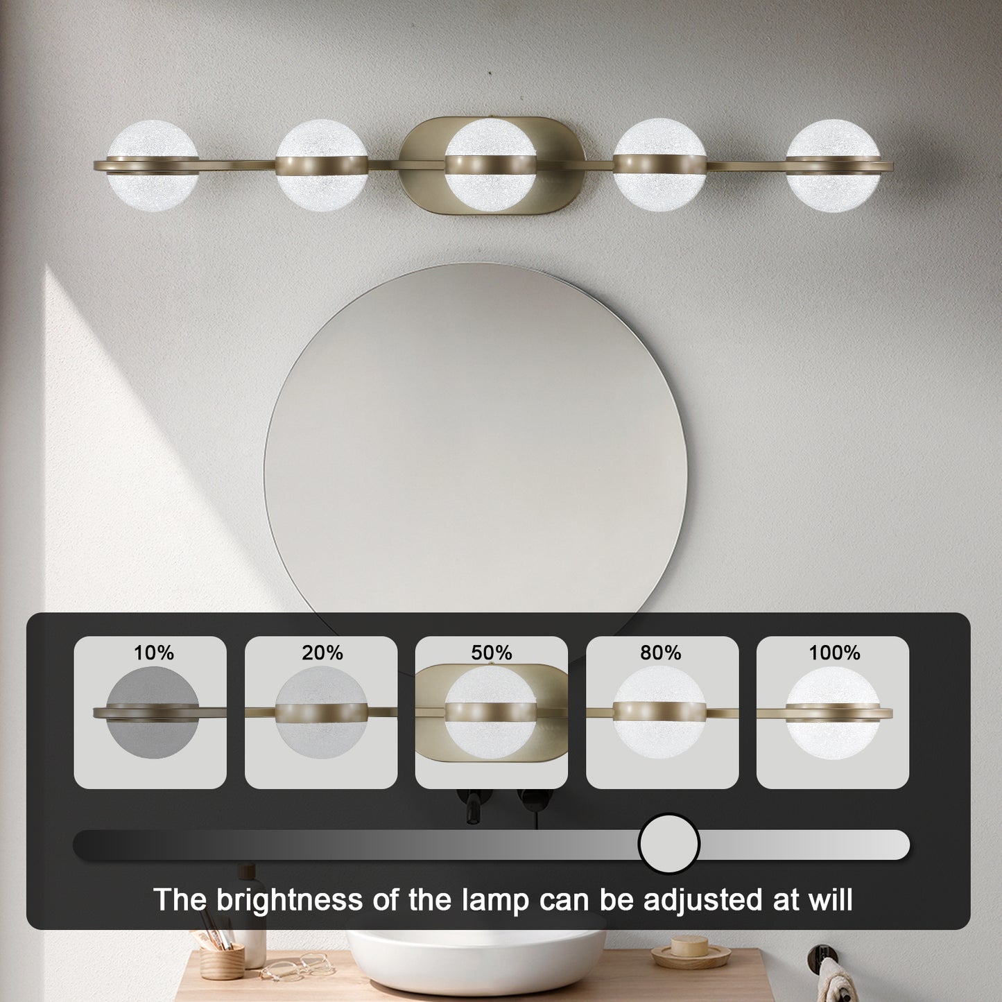 Bathroom Vanity Light, LED 5 Bulb Crystal Sand Acrylic Shades, Wall Mounted Decorative Lighting Fixture, Suitable For Bathroom Vanity Mirror  Champagne Gold