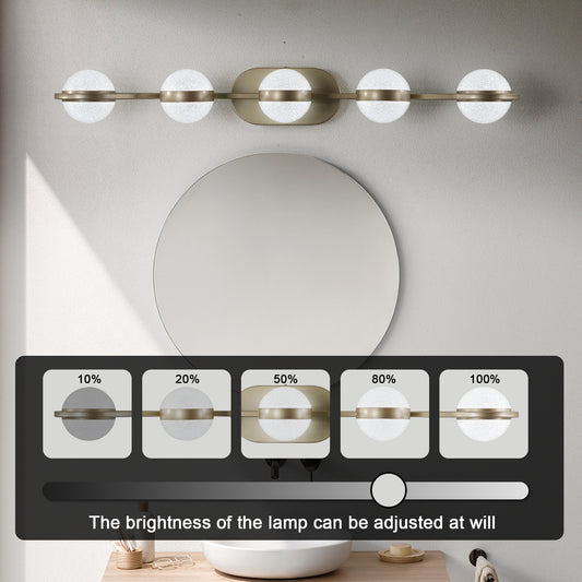Bathroom Vanity Light, LED 5 Bulb Crystal Sand Acrylic Shades, Wall Mounted Decorative Lighting Fixture, Suitable For Bathroom Vanity Mirror  Champagne Gold