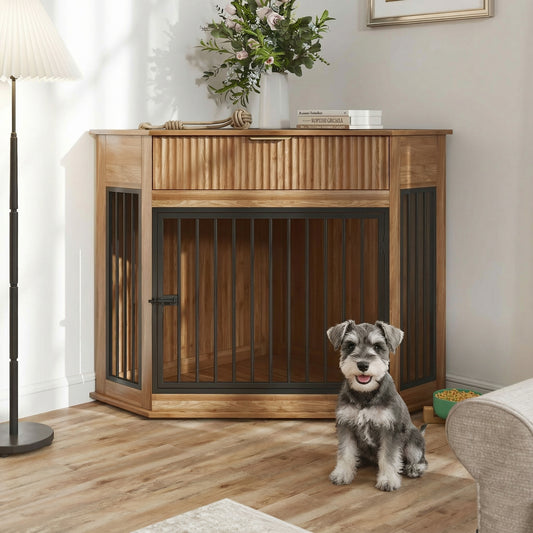 44.6 Corner MDF Dog Crate Furniture For Small Medium Dogs, Decorative Dog Kennel End Table With Fluted Drawer Storage, Modern Space-Saving Dog Cage Cabinet For Home Decor Indoor Walnut
