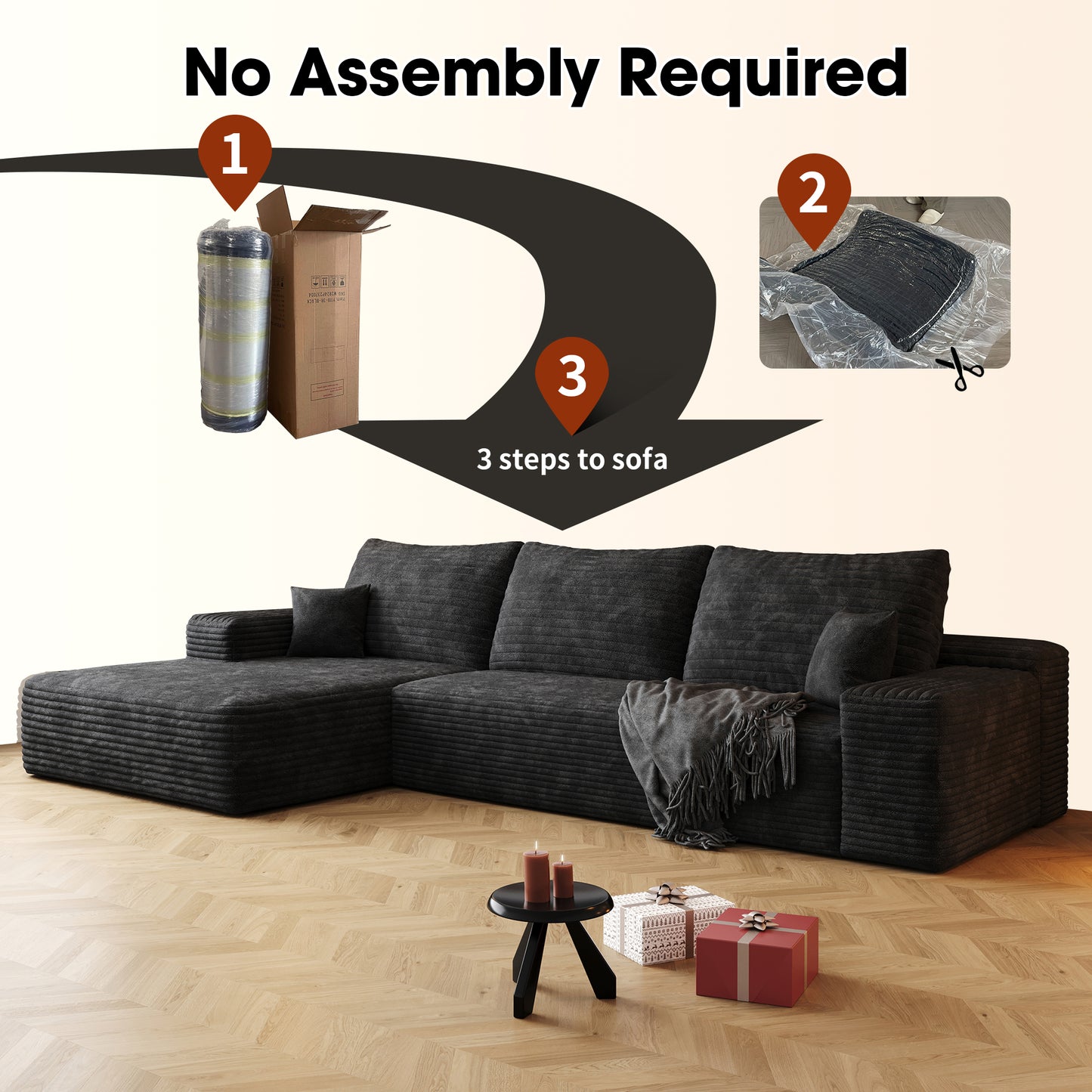 107  Cloud Sectional Couch With L-Shape Chaise,Modern Modular Sofa With Deep Seat, Upholstered Couches For Living Room Bedroom,No Assembly Required  Plush Corduroy Fabric ,Black