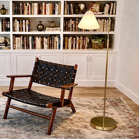 Majestic Brass Ring Base Curved Floor Lamp With Triangle White Drum Shade