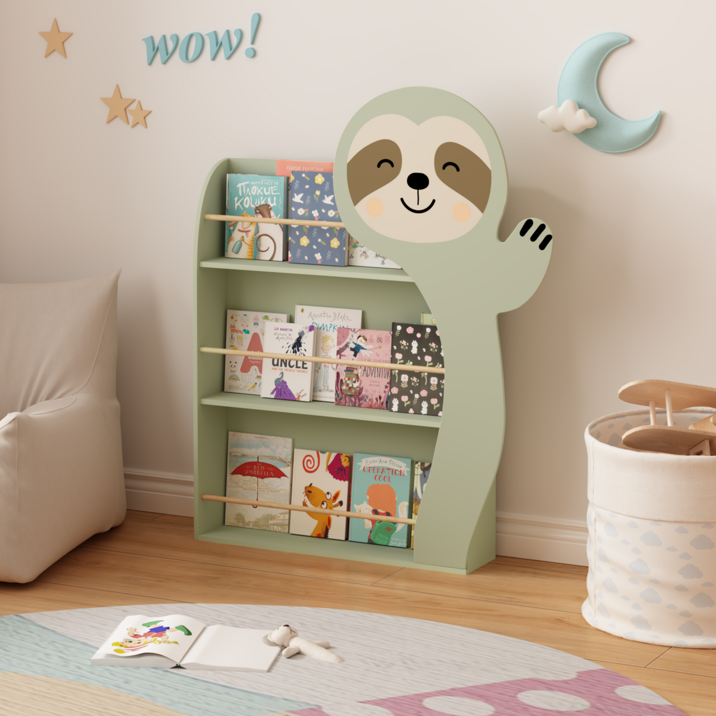 Sloth Kids Bookshelf, Front-Facing Toddler Book Display Rack With 3 Tiers, Cute Animal Design, Wooden Nursery Bookshelf For Playroom, Bedroom & Reading Corner, Safe & Sturdy Storage Organizer