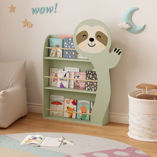 Sloth Kids Bookshelf, Front-Facing Toddler Book Display Rack With 3 Tiers, Cute Animal Design, Wooden Nursery Bookshelf For Playroom, Bedroom & Reading Corner, Safe & Sturdy Storage Organizer