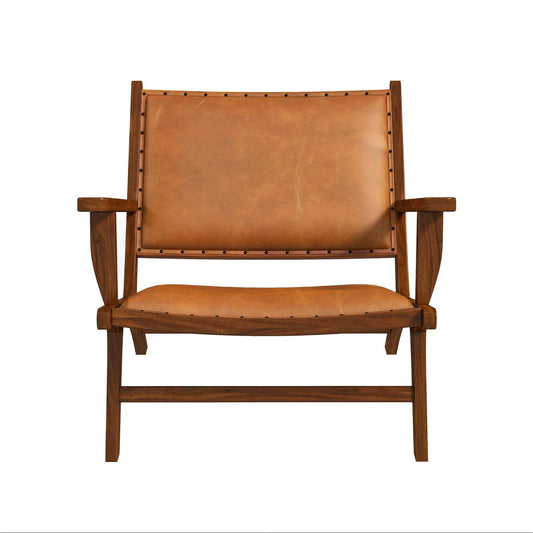 Daniel Mid-Century Modern Leather Arm Chair With Walnut-Finished Legs, Tan, Genuine Leather, 25  H X 26  W X 28  D For Living Room Bedroom Waiting Room