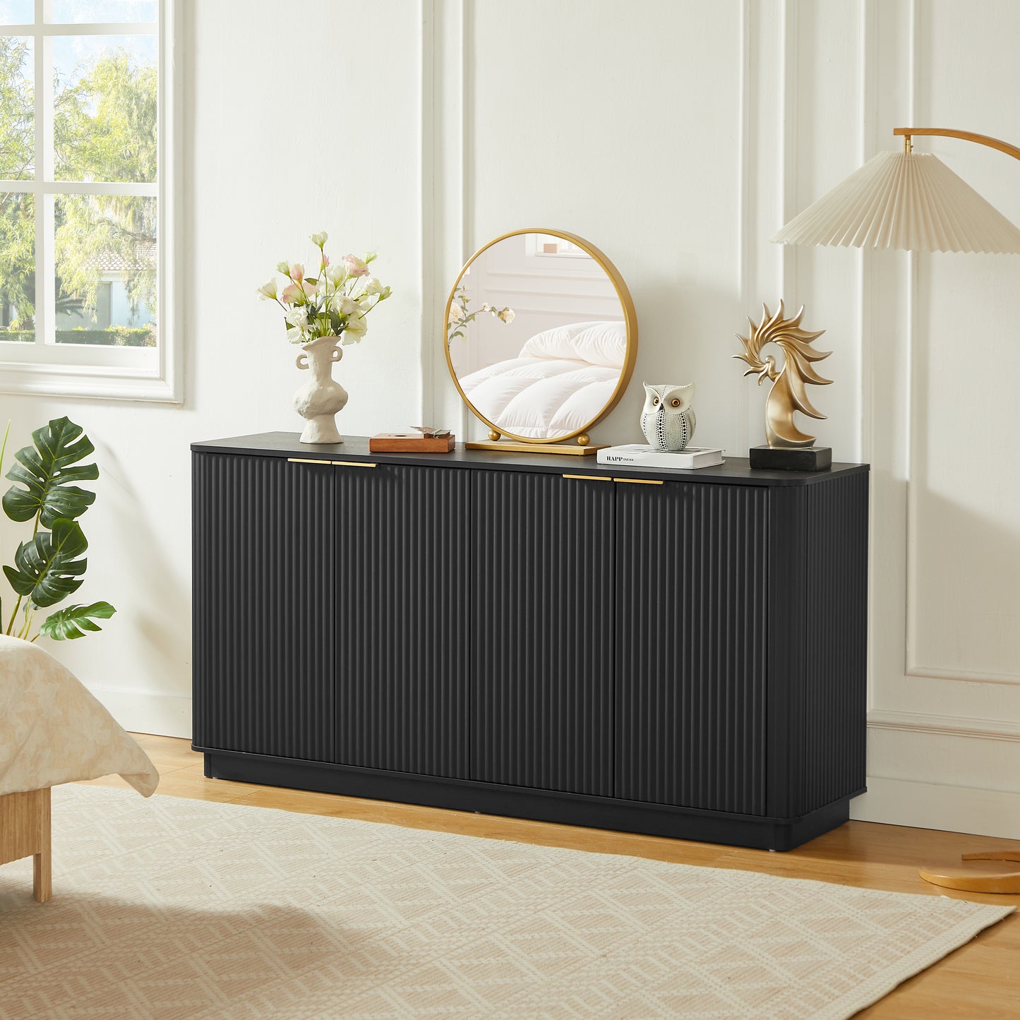 63  Vertical Stripe Buffet Cabinet Sideboard With Stoarge, Curved Wave Design, TV Stand, For Bedroom, Living Room, Hallway, Black,63 W X 15.75 D X 31.5 H.
