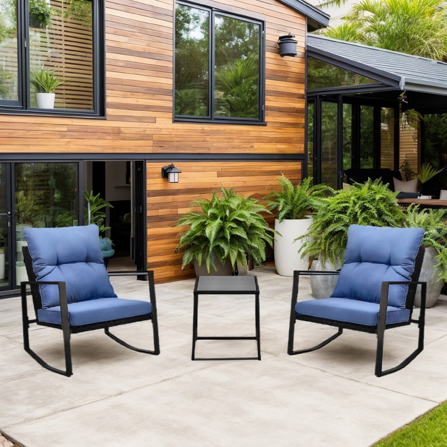 3 Pieces Patio Bistro Set Outdoor Rocking Chair W Blue Cushion For Yard Garden Poolside