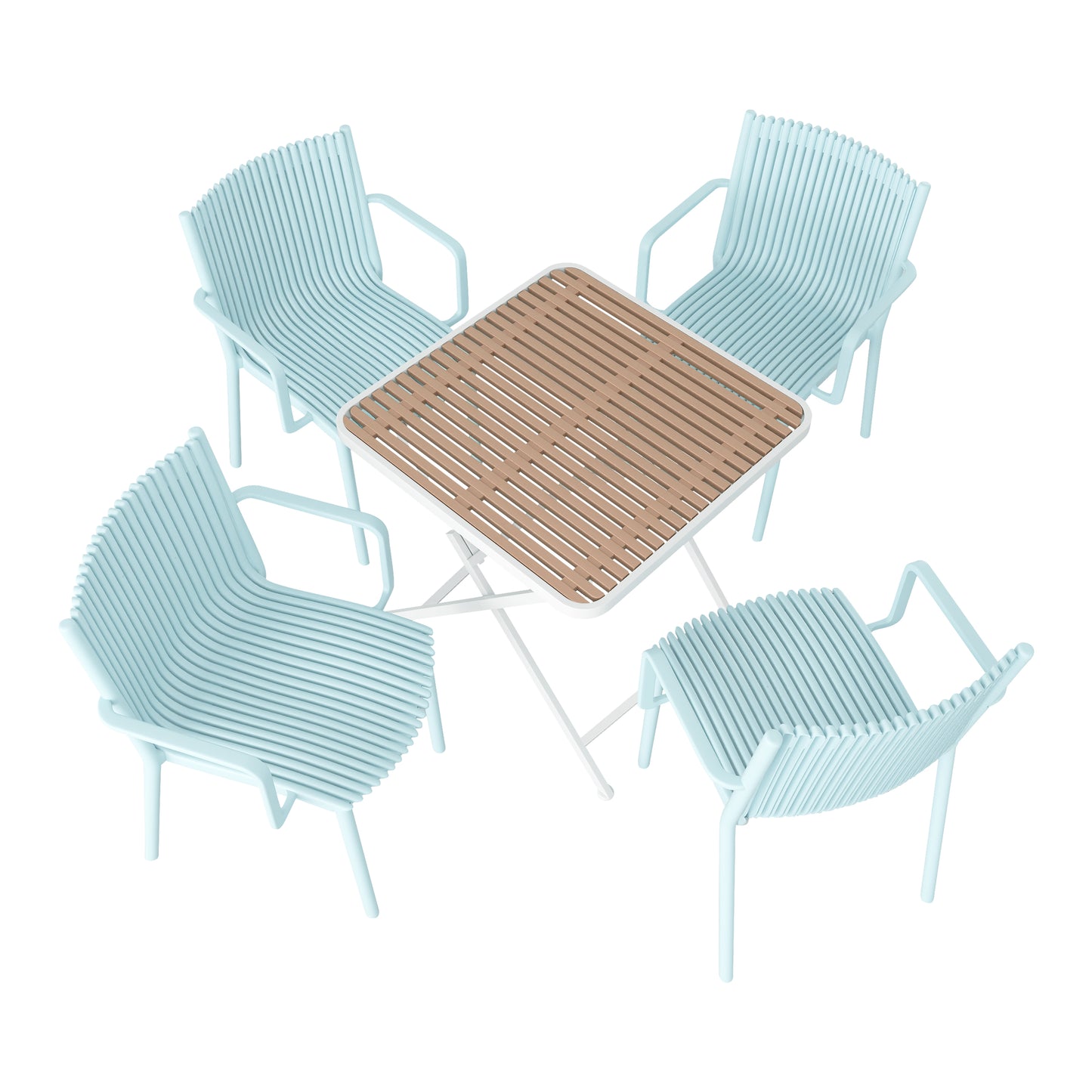 Holiday- 4pcs Light Blue Stackable PP Armchair For Indoor Outdoor Use-Ergonomic Slatted Back With Modern Folding Indoor Outdoor Multi-functional Square Table- PP Tabletop With Metal Legs White, Khaki