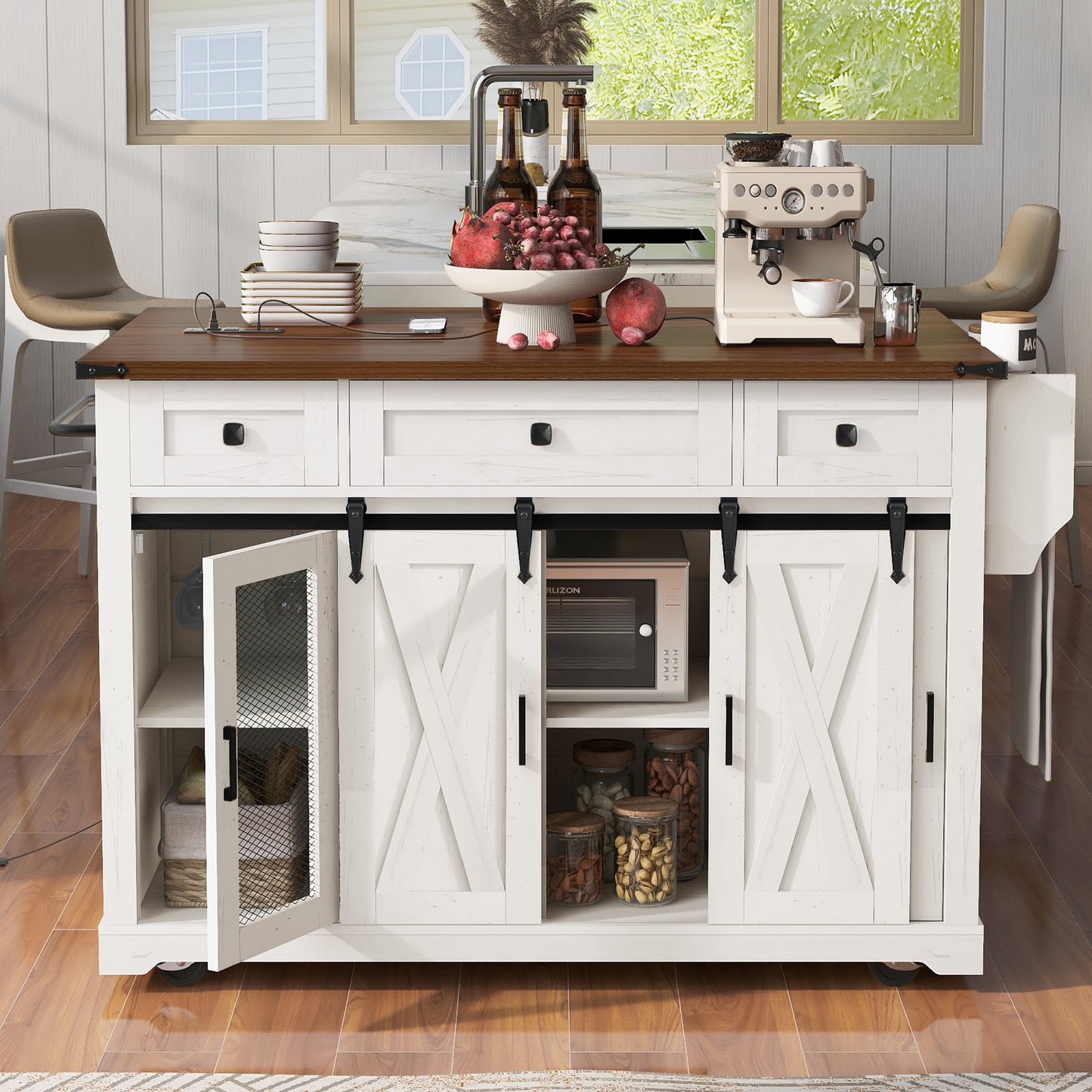 K&K 58 Farmhouse Kitchen Island With Storage,Sliding Barn Door & Metal Grid Side Door,Rolling Kitchen Island On 5 Wheels With Spice Rack,Glass Holders,Island Table With Drop Leaf For Kitchen,White