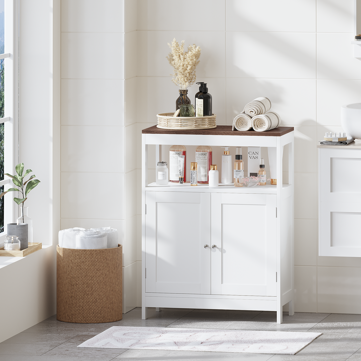 Modern Storage Cabinet With Double Doors, Free-Standing Bathroom Cabinet With Adjustable Shelf And Natural Wood Top, Multi-Purpose Organizer For Kitchen, Living Room, Bathroom Or Entryway White