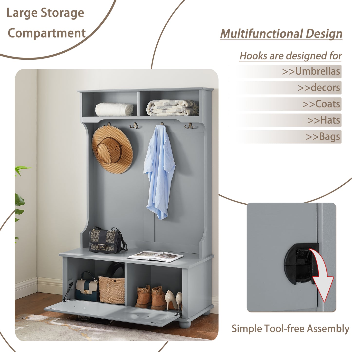 Modern Classic Hall Tree With Shoe Rack Bench And Coat Hooks For Hanging Storage, Entryway Bench With Open Shelves And Shoe Cabinets 40.16 Wx18.58 Dx64.17 H GRAY