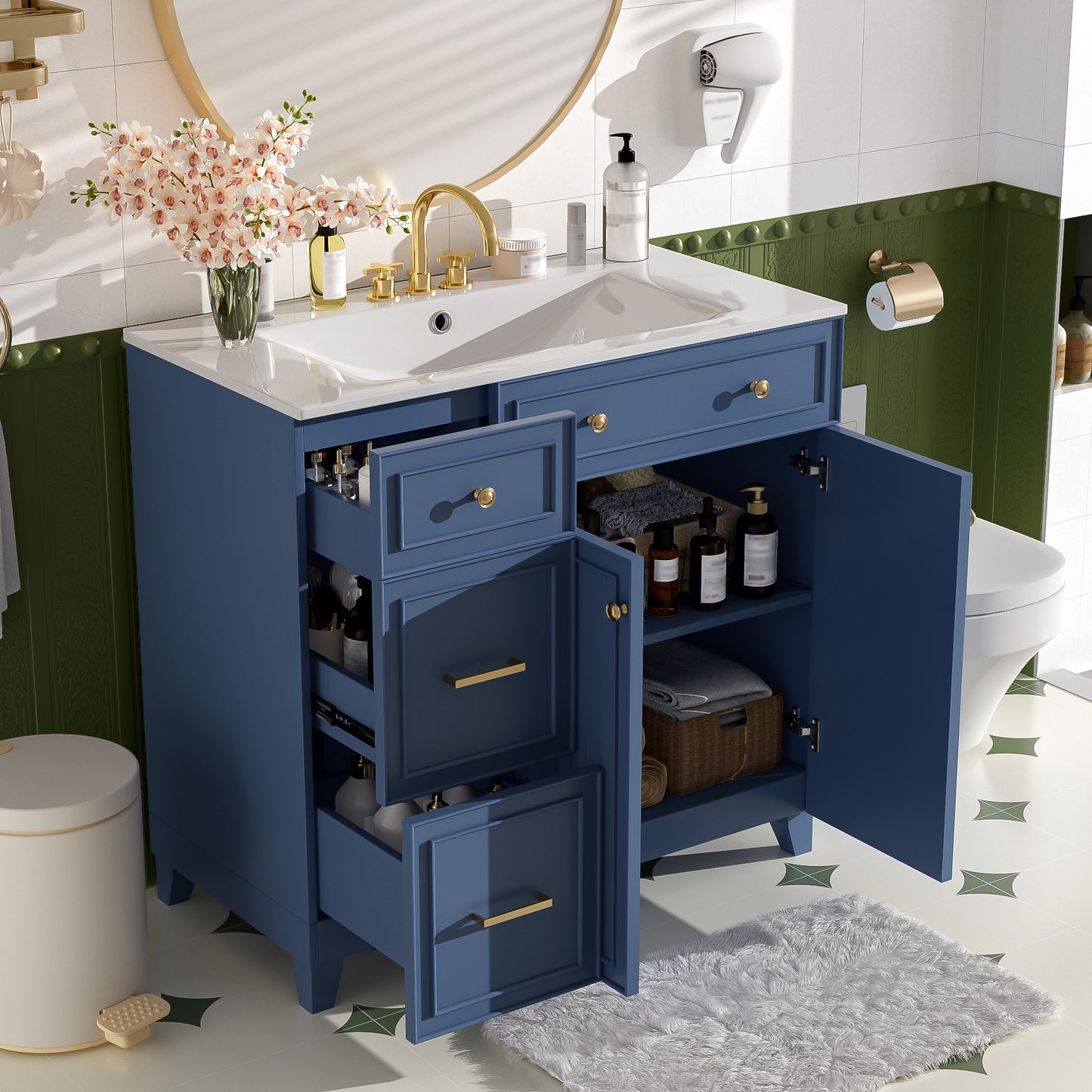 36  Bathroom Vanity With Ceramic Sink, Standard And Double-Layer Drawers, Soft Close Doors, Adjustable Shelves, Modern Storage Cabinet For Small And Medium Bathrooms