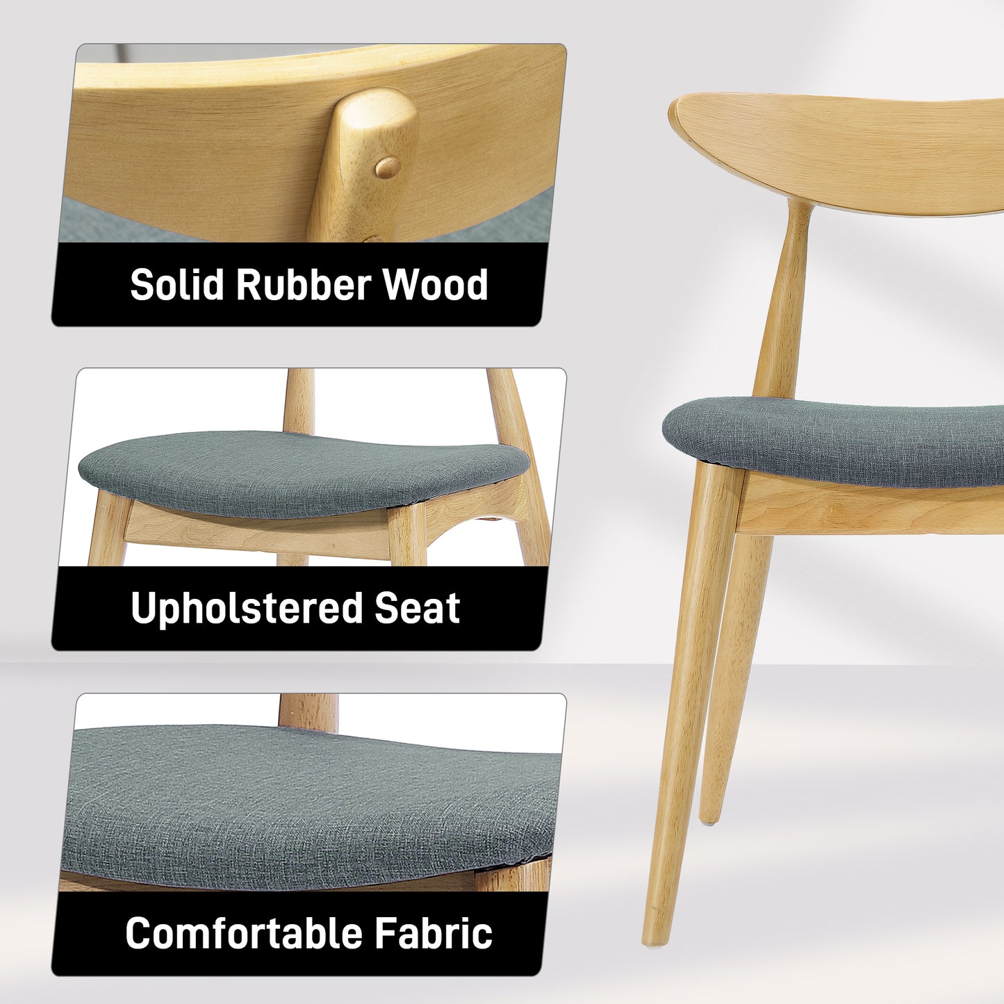 Set Of 2 Retro Rubberwood Chairs With Ergonomic Back & Plush Cushions, Natural-Gray
