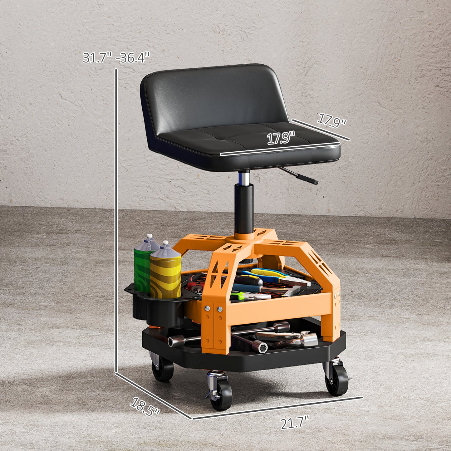 Rolling Creeper Garage Stool, 300 LBS Capacity Mechanic Stool With 360° Wheels, Tool Tray, Adjustable Height, Yellow