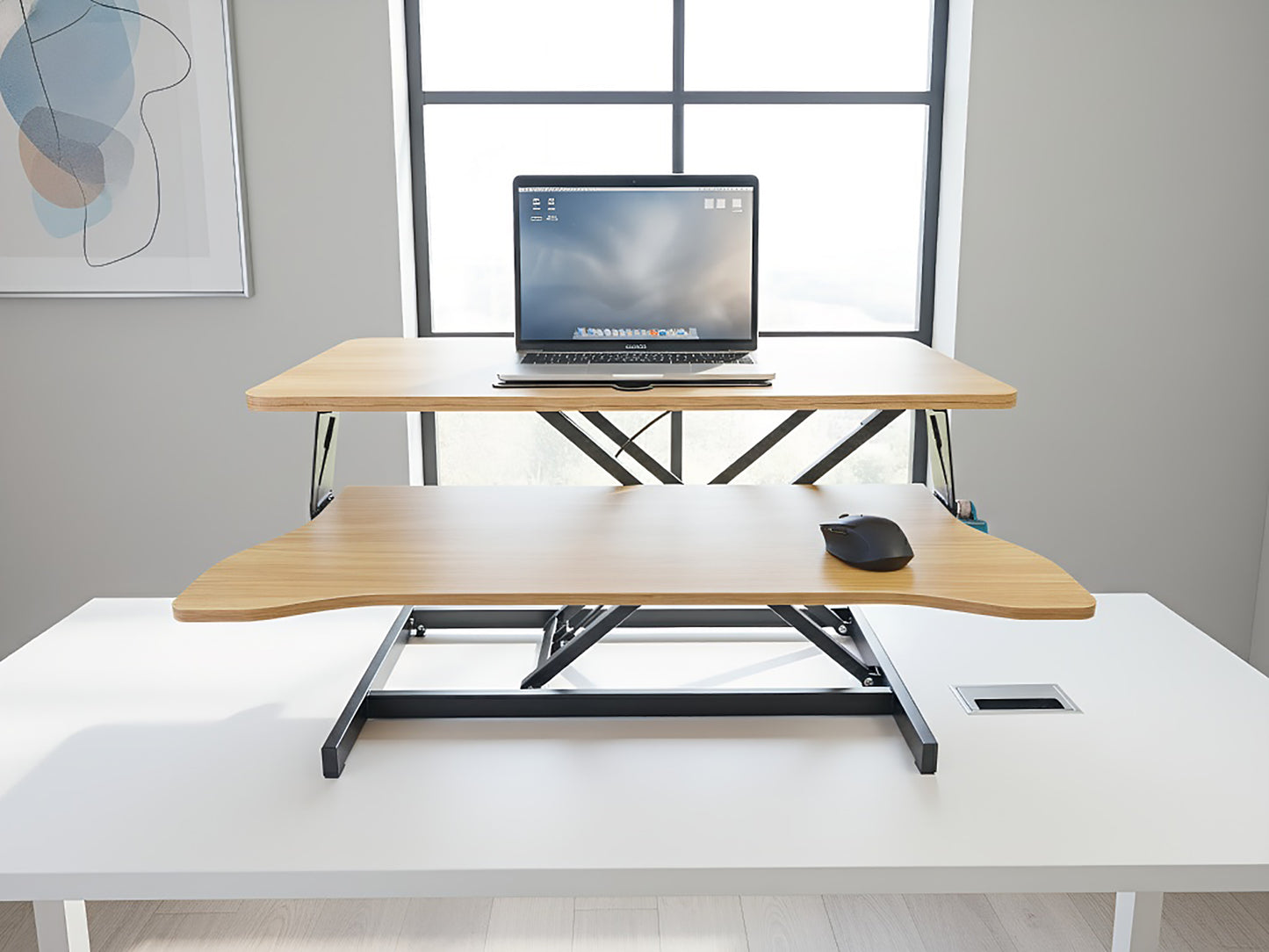 32 Inch Desk Converter, Height Adjustable Sit To Stand Riser, Dual Monitor And Laptop Workstation With Wide Keyboard Tray, Standing Computer Desk, Natural Color