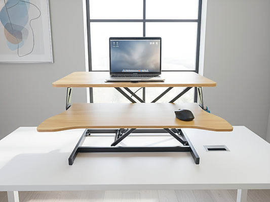 32 Inch Desk Converter, Height Adjustable Sit To Stand Riser, Dual Monitor And Laptop Workstation With Wide Keyboard Tray, Standing Computer Desk, Natural Color