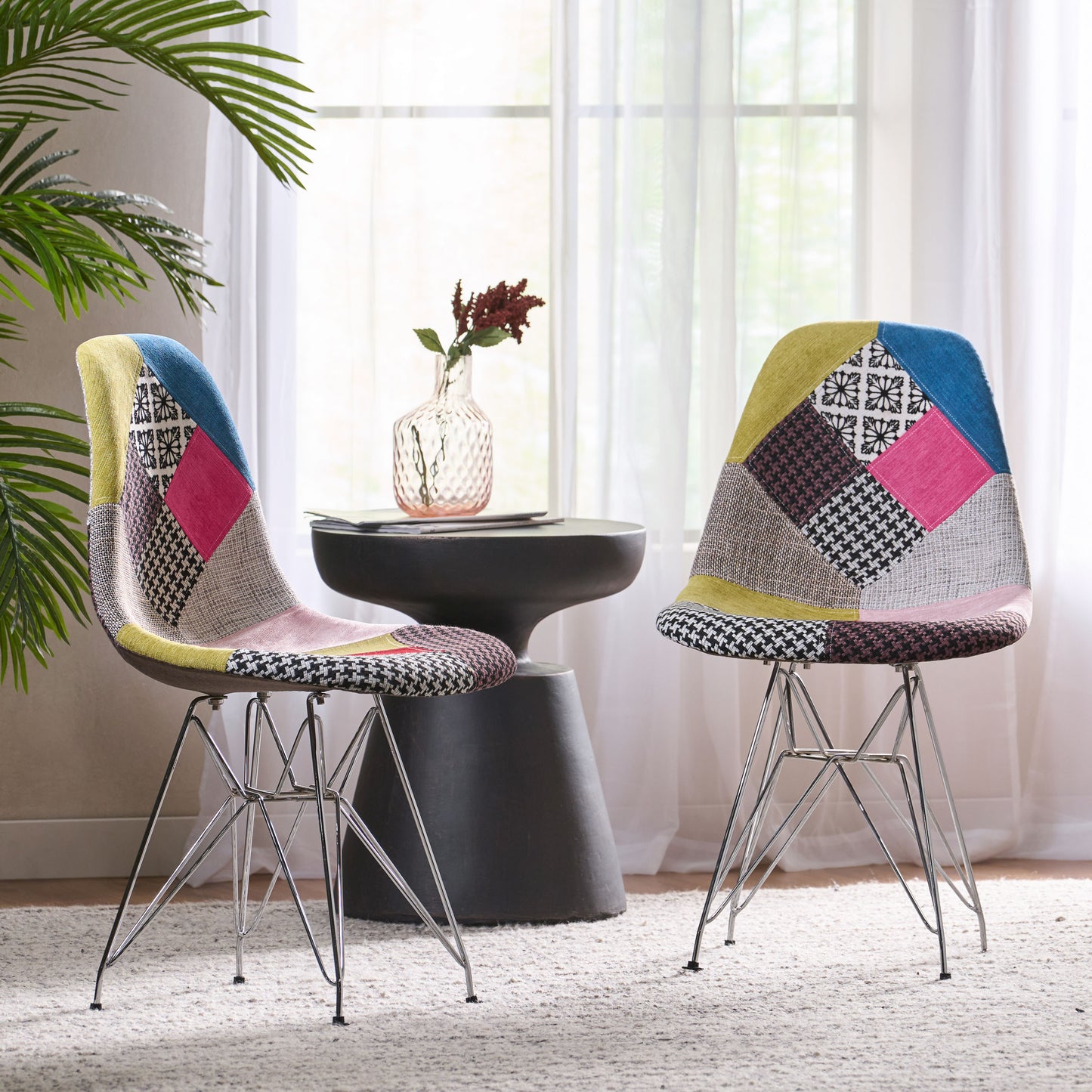 Patchwork Accent Chair Bohemian Style Fabric Chair With Chromed Legs Geometric Pattern Chair, 18D X 21W X 32H, Set Of 2