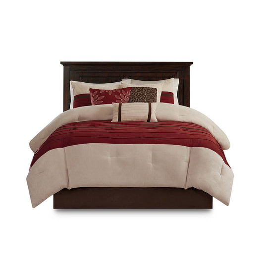 7 PC Pieced Faux Suede Comforter Set Red King