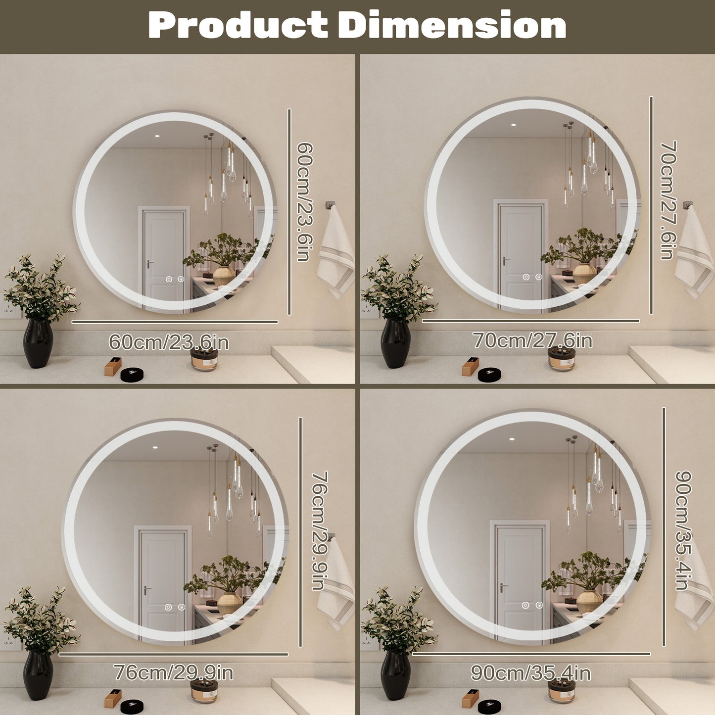 Smart Anti-fog LED Bathroom Mirror With Circular Dual Lights And 3-color Temperature Memory Dimming