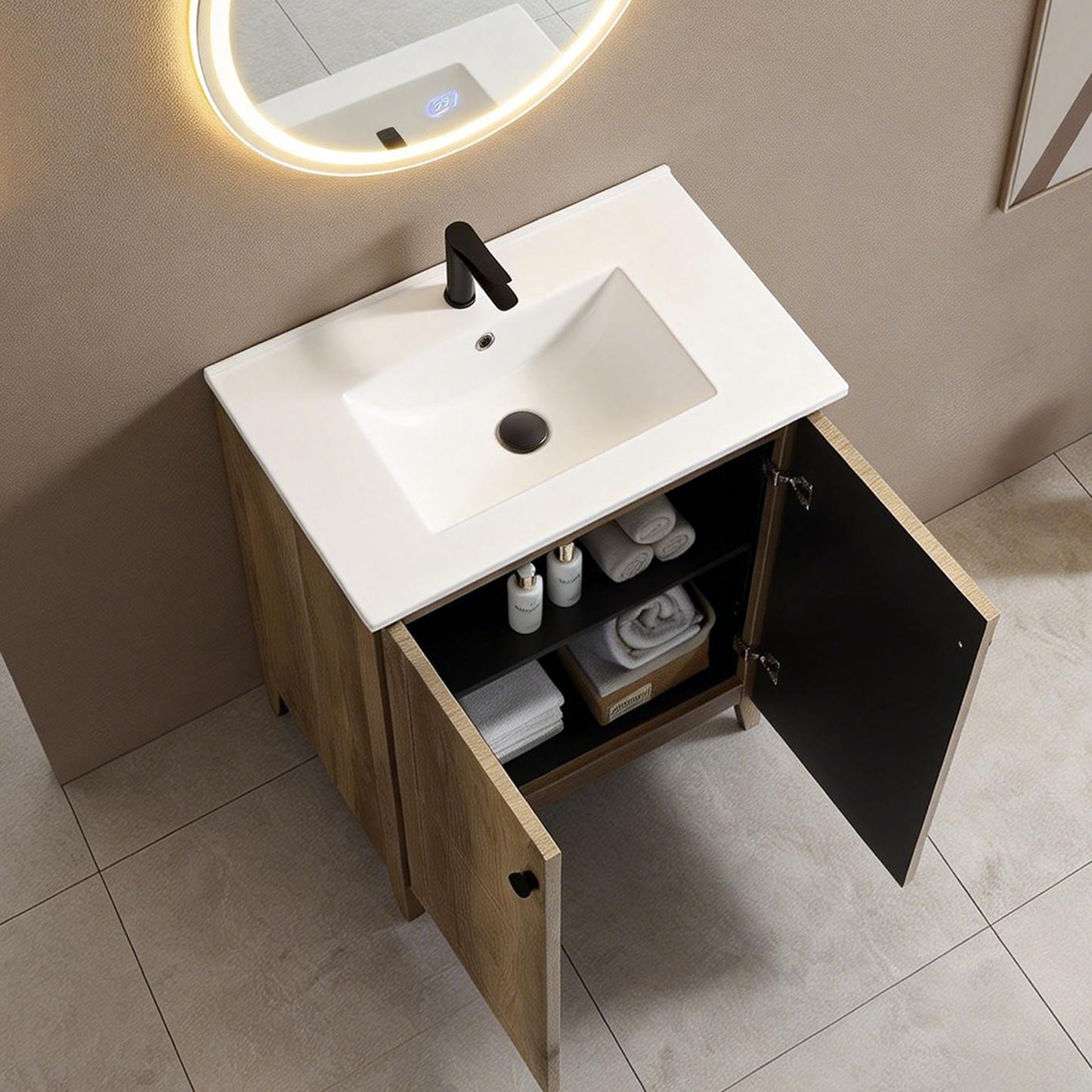 30inch Antique Grey Folding Floor Cabinet With Ceramic Sink  Patented 1-Minute Install  Space-Saving & Easy Assemble American Style